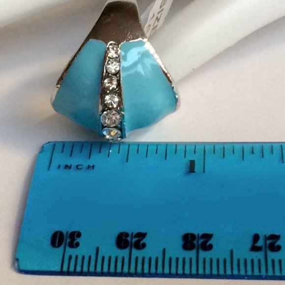 Aqua Blue Enamel Dome Cocktail Ring Size 6 7 Art Deco Crystal Silver Plated - Picture 7 of 7